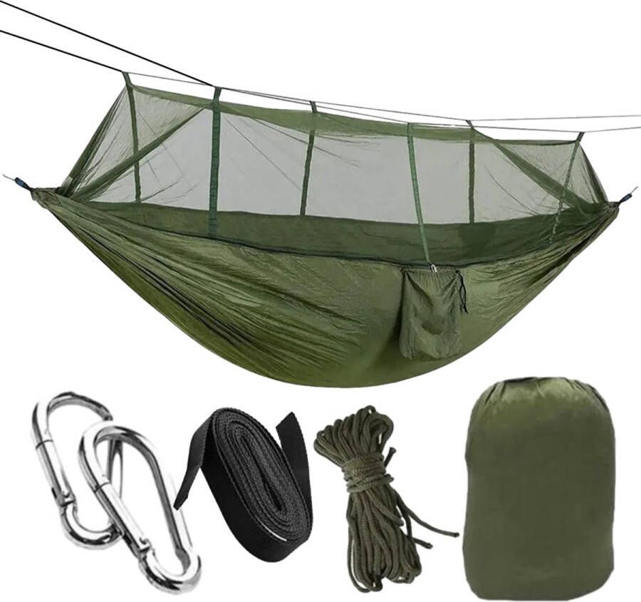 HomeShopXL HSXL Lichtgewicht Outdoor Hangmat met Muggennet en Accessoires 260x140cm Groen Survival Hangmat met Klamboe