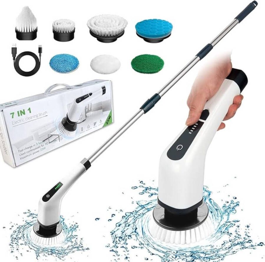 Hometech 7 in 1 Elektrische Dweil – Dweilapparaat – Dweilmachine – 7 Borstelkoppen – Hoeken – Geschikt voor iedere ruimte – Krachtige Batterij Wit