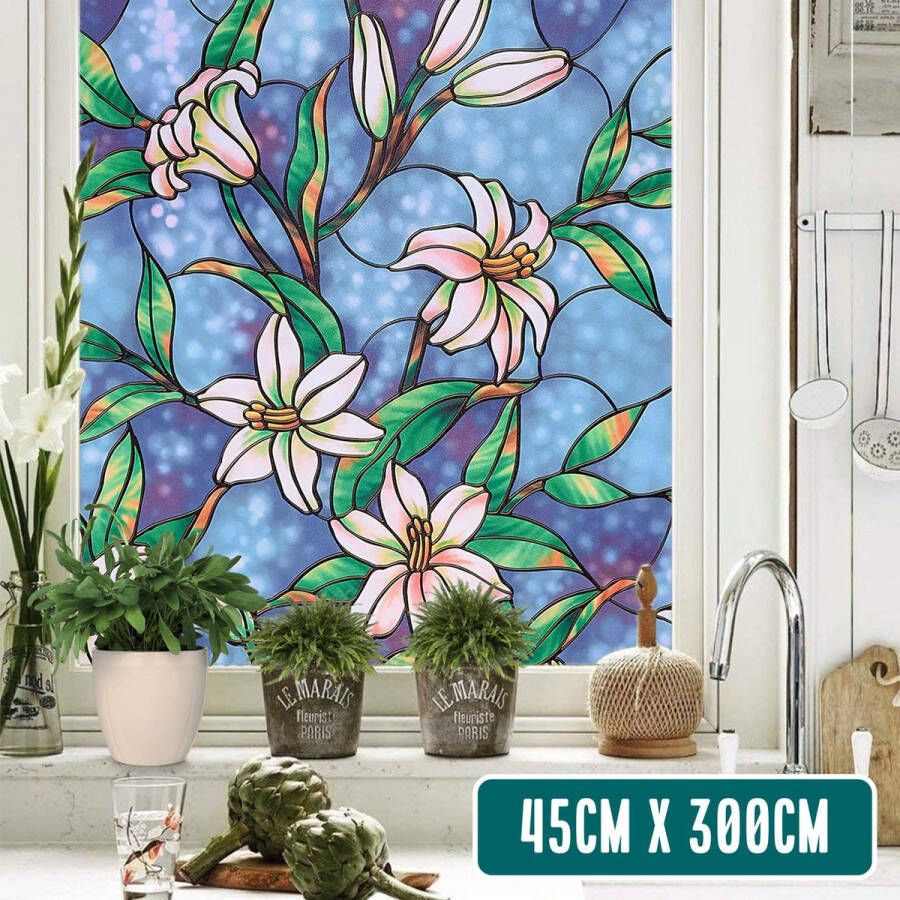 Homewell Raamfolie HR++ 70x300cm Isolerend & Zonwerend Anti inkijk Statisch Glas in Lood Orchidee