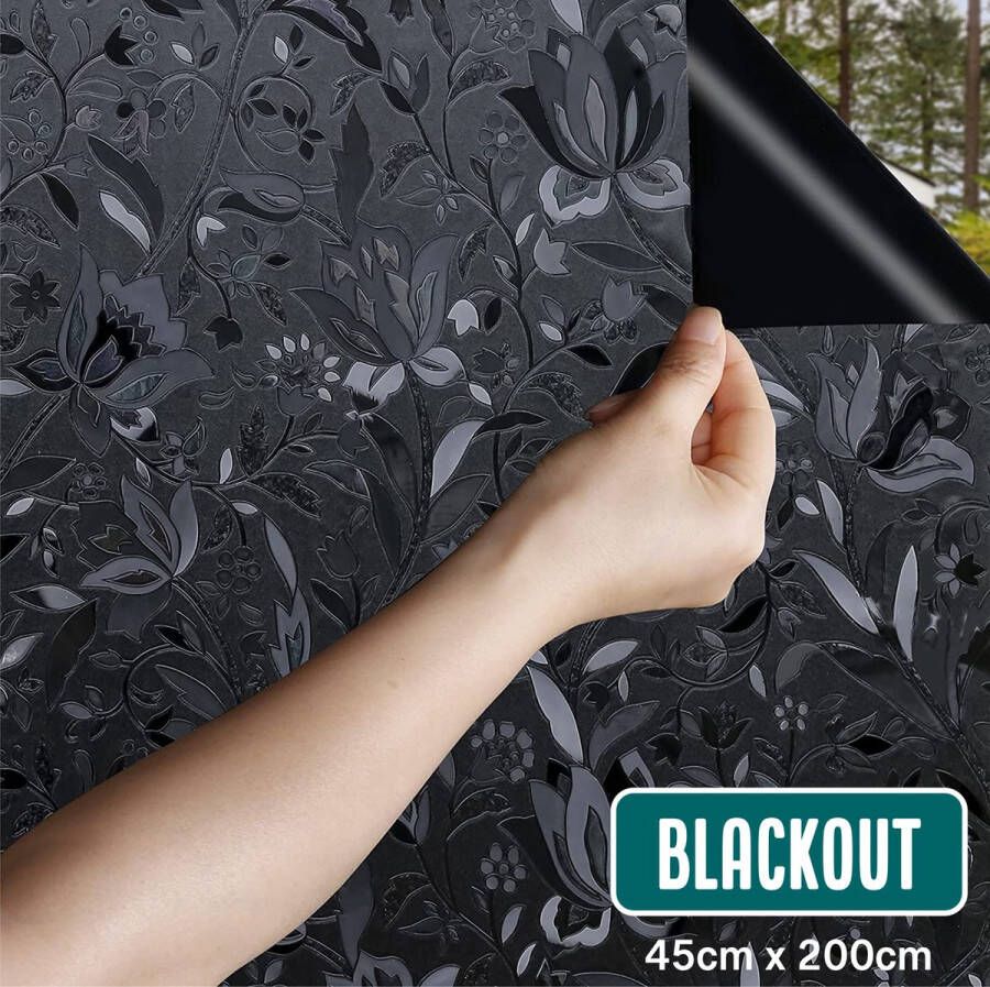 Homewell Verduisteringsdoek 45x200cm Raamfolie Verduisterend Blackout Anti Inkijk Isolerend en Zonwerend Herbruikbaar Statisch – Bloemen Zwart
