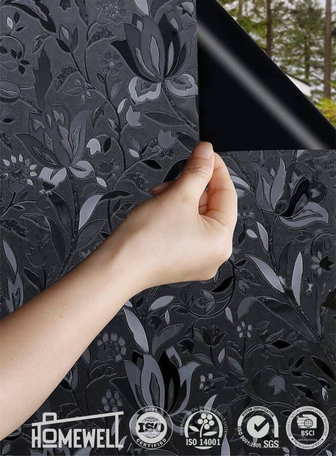 Homewell Verduisteringsdoek 90x200cm Raamfolie Verduisterend Blackout Anti Inkijk Isolerend en Zonwerend Herbruikbaar Statisch – Bloemen Zwart