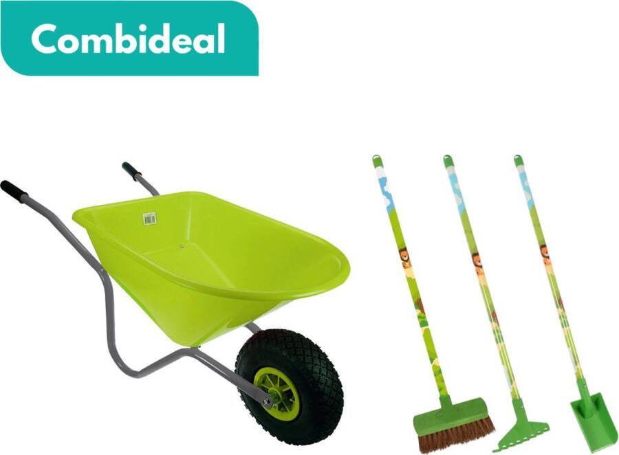 HomGar COMBIDEAL Kinderkruiwagen Kinderschep Kinderhark Kinderbezem Kinderkruiwagen met luchtband – Hoogwaardige kwaliteit Kinderspeelgoed Metaal Kunststof Lime Grijs