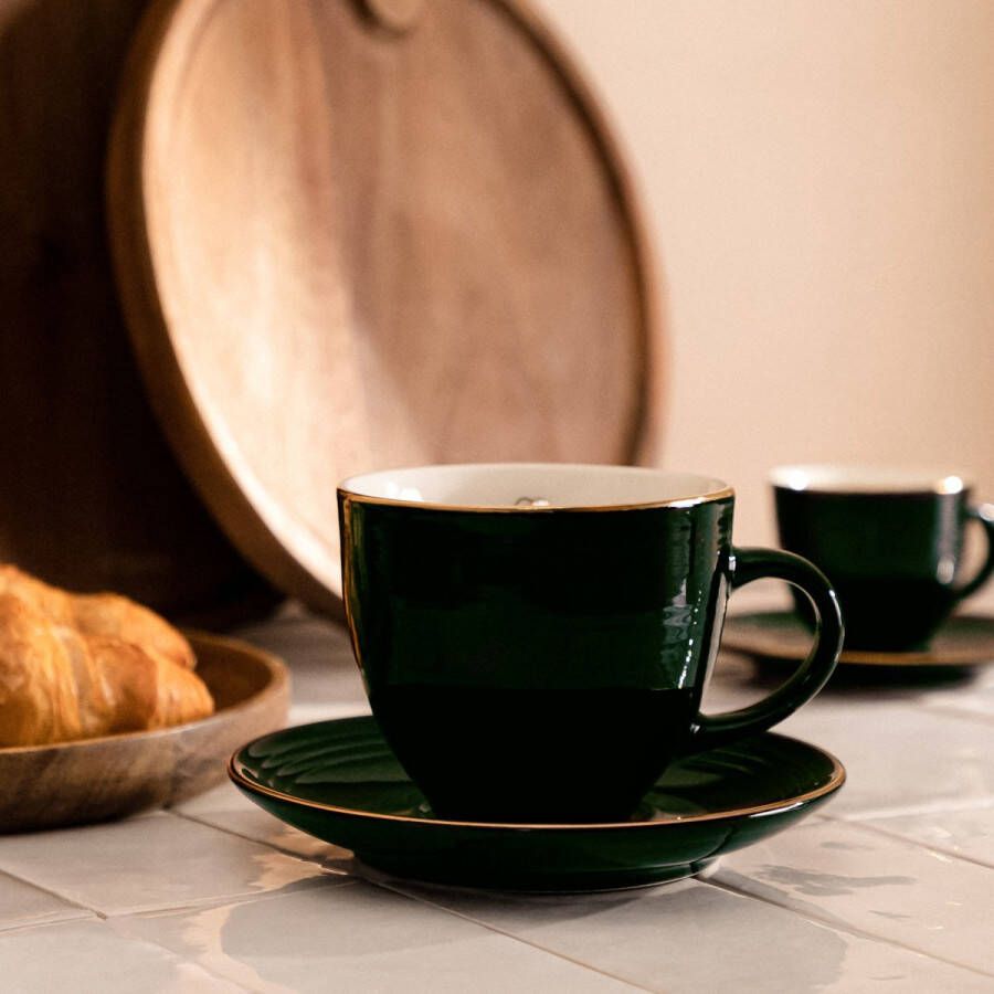 Homla Ellie minimalistische kop met schotel koffiekop theekop koffie en thee en koffiemokset groen met gouden decoratie van porselein 230 ml