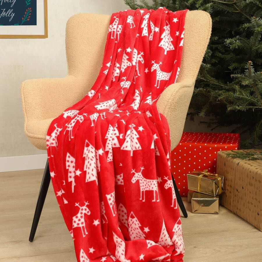 Homla Stangdeken met kerstmotief Warme hoes in rode kleur met rendiermotief Knuffeldeken van polyester 150 x 200 cm