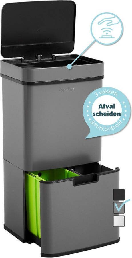Homra Nexo Prullenbak Afvalscheiding 72 Liter Grijze Sensor Prullenbak 3 vakken 2x12L + 48L Recycle Afvalbak Vuilnisbak voor huishouden en kantoor Vuilbak keuken Afvalemmer Afvalscheidingsprullenbakken Automatische Soft Close Deksel