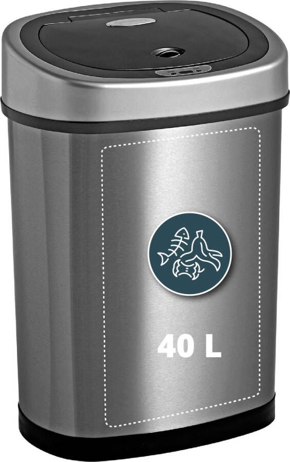 Homra Sensor Prullenbak RVS 40 liter Automatische Soft Close Deksel 40L Design Afvalemmer Zilver FONIX Infrarood Sensor Vuilnisbak met Elektrische Deksel Sensorbediening Vingerafdrukvrij Vuilafstotend Keuken en Kantoor Vuilbak