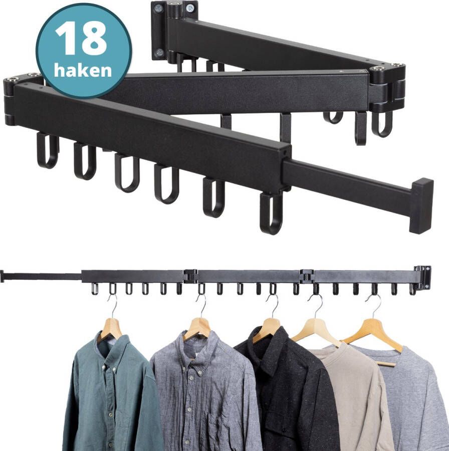 Homra Wanddroogrek Inklapbaar Tot 18 Kledingstukken Wasrek 127cm Hangend Kledingroede Verstelbaar Hangdroogrek Droogrek Ophangbaar Bevestigen aan Muur incl. Schroeven Uitschuifbaar 18 Haken 360° draaibaar Zwart Metaal