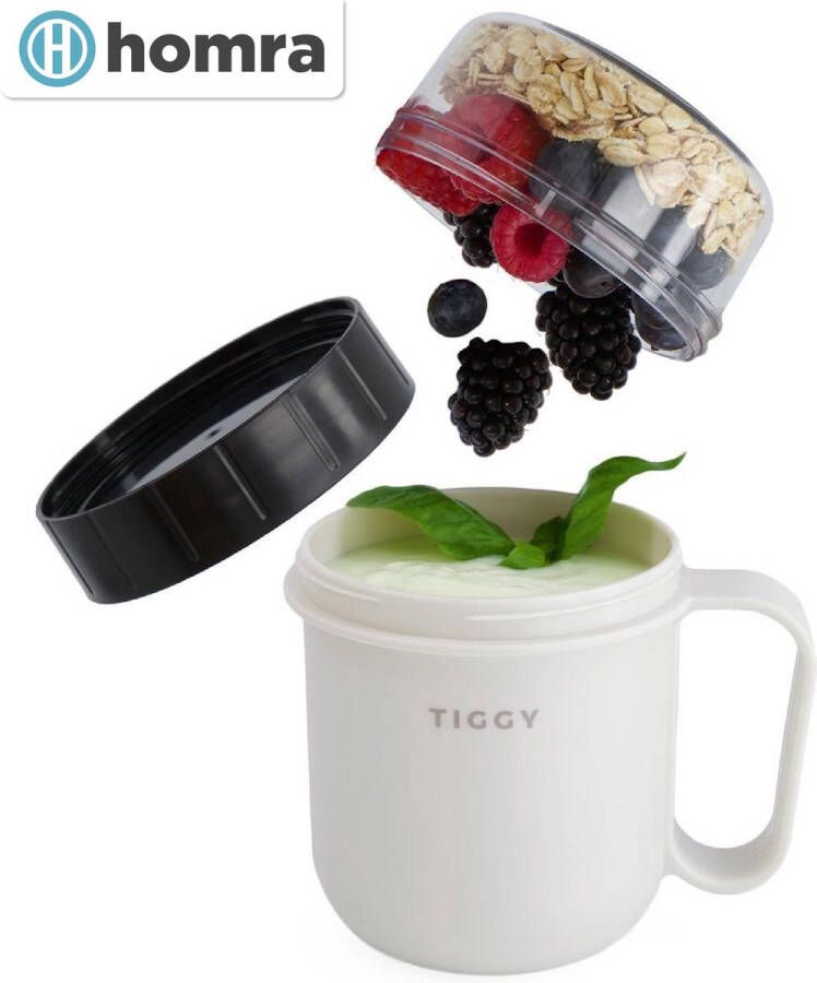 Homra Lunchpot TIGGY Grey Lunch To Go 750 ml Yoghurtbeker 2 compartimenten Milieuvriendelijk Grijs Duurzaam Kunststof BPA vrij Handvat Magnetron Diepvries Vaatwasser bestendig Soepbeker Lucht en waterdicht Muesli beker