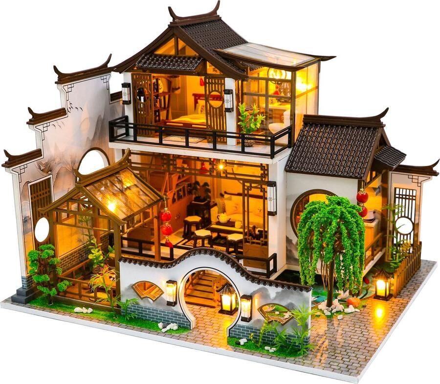 Hongda DIY Miniatuur Huisjes Modelbouwpakket Houten Modelbouw Voor Volwassenen (14+) Poppenhuis DIY Chinese Villa Poetic Charm