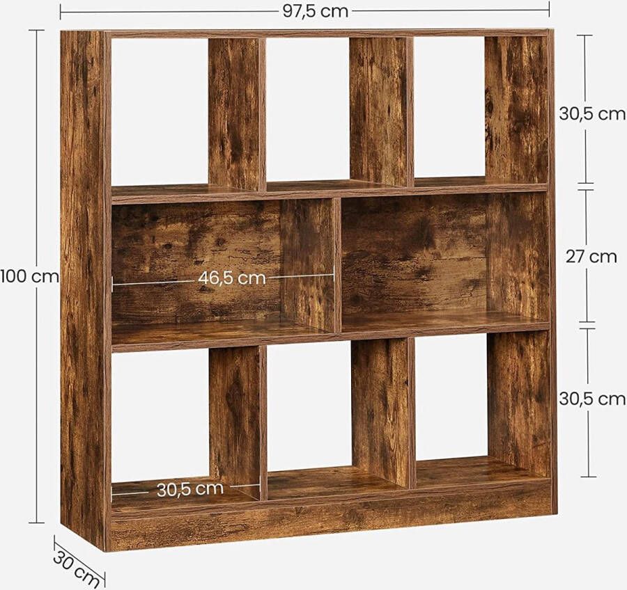 Vasagle Hoppa! boekenkast houten plank met open vakken vitrine voor woonkamer slaapkamer kinderkamer en kantoor 97 5 x 100 x 30 cm (L x B x H) vintage donkerbruine