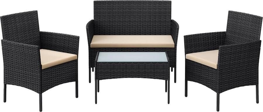 Hoppa! Polyrattan PE Tuinset Zwart Topo Inclusief 2 Stoelen 1 Tweezitsbank en Bijzettafel