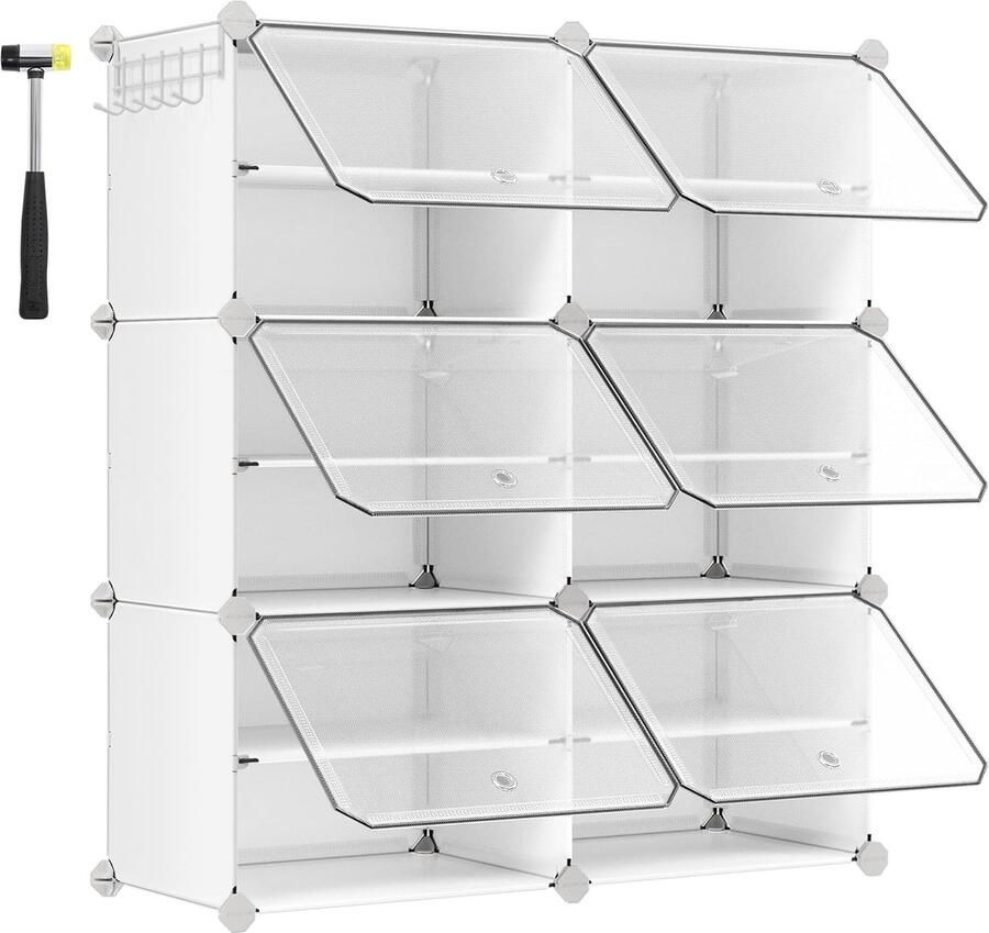 Hoppa! Schoenenrek met 6 vakken schoenenkast 30 x 40 x 30 cm per vak smal met deuren stalen frame kunststof voor hal slaapkamer entree wit