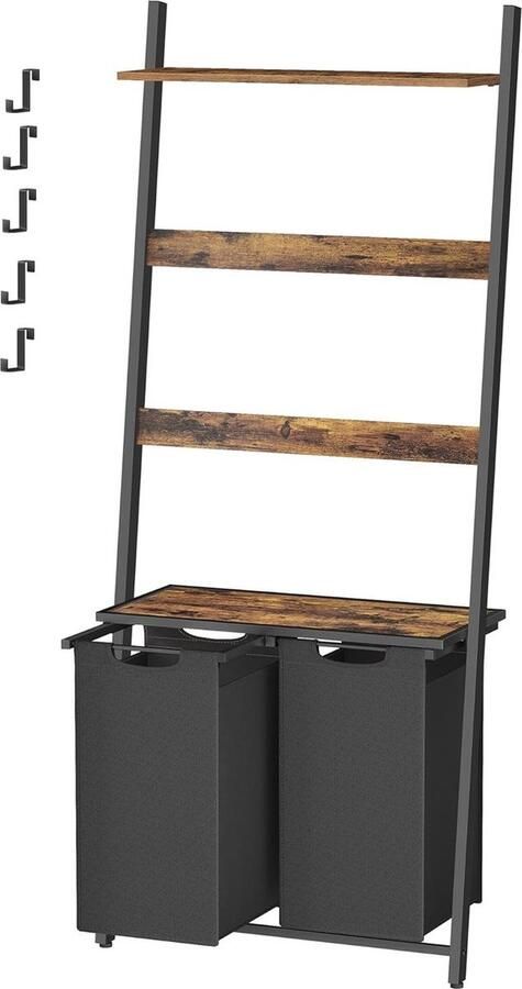 Hoppa! Wasmand met handdoekladder handdoekenrek met wasverzamelaar Bruin Zwart MDF Staal Oxford stof 33 x 73 x 177 cm