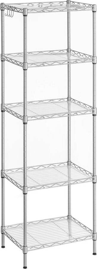 Hoppa! Keukenplank 5-laags draadrek smal opbergrek met 4 haken badkamerplank met PP-plankvoeringen in hoogte verstelbaar metalen planken zilver