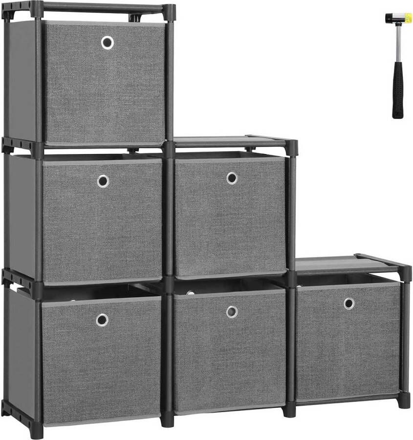 Hoppa! Opbergrek 6 kubussen opbergsysteem met 6 stoffen dozen doe-het-zelfkast multifunctioneel met robuust metalen frame rubberen hamer 105 x 105 x 30 cm (b x h x d) zwart