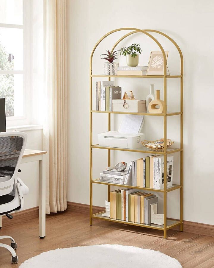 Hoppa! Planchet boekenkast met 5 niveaus staand rek van gehard glas opslagplank gewelfd metalen structuur voor woonkamer slaapkamer studeerkamer badkamer goudkleur