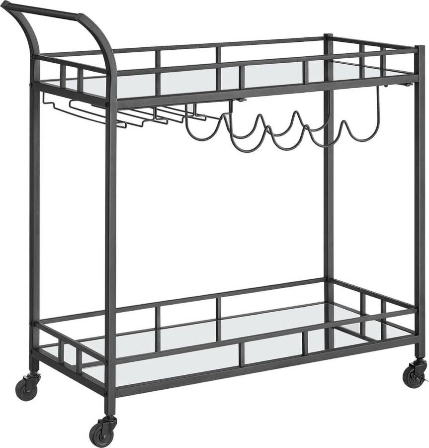 Hoppa! Serveerwagen Barwagen met 2 Spiegelplanken Wijnhouders Glazen Houders voor Thuisbar Keuken Eetkamer Zwart LRC090B62