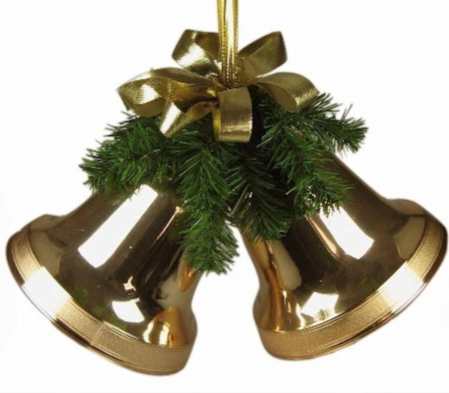 Hortus Decoratief Beeld Twee Klokken Kerst Met Strik Aluminium Groen En Goud