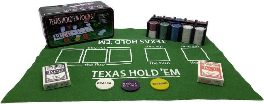 HOT Games Pokerset Texas Hold'em Blik met 200 chips kaarten kleed