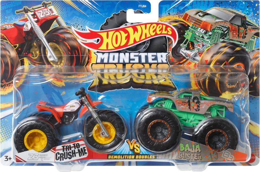 Monster Jam Hot wheels truck 2-pack Tri To Crush me & Baja Buster monstertrucks 9 cm schaal 1:64
