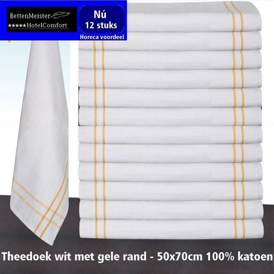 Hotelgroothandel.nl 12 stuks Diendoek Poleerdoek theedoek wit met gele rand 50x70cm 100% katoen