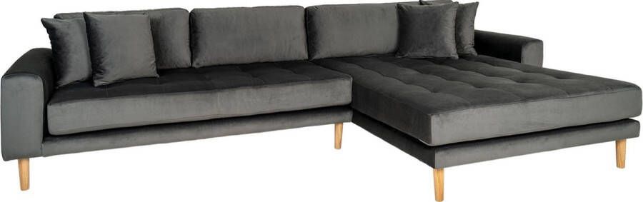 Hioshop Lido chaiselong sofa rechts met 4 kussens velour grijs.