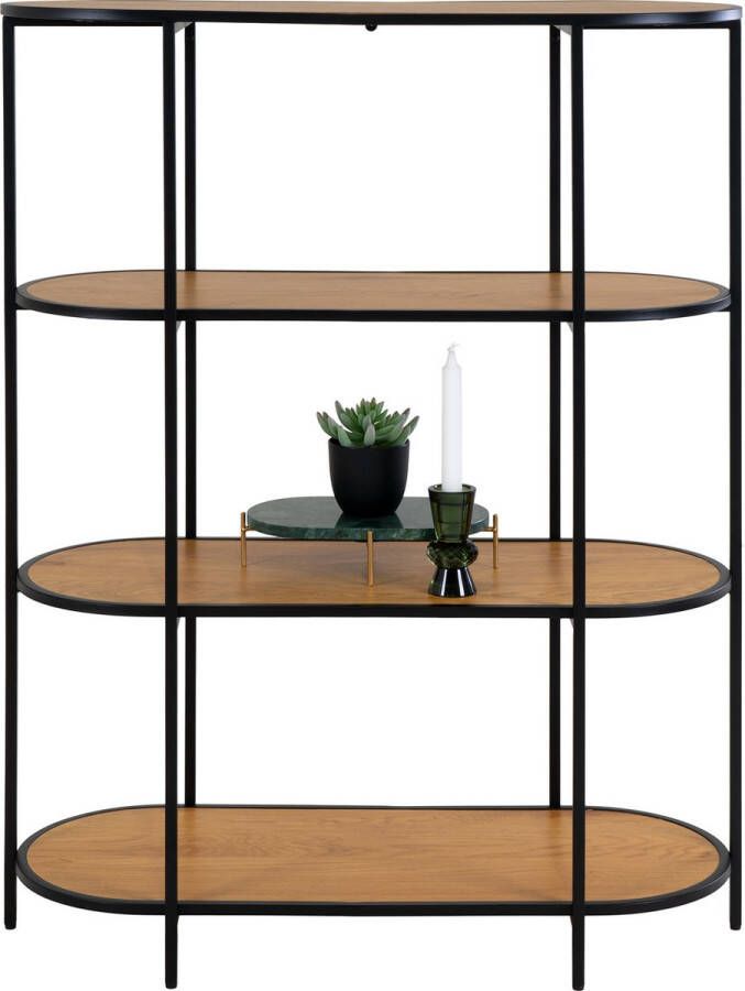 House Nordic Vita Oval Vakkenkast Metaal Frame Zwart Eikenlook Planken 85x36x111 cm