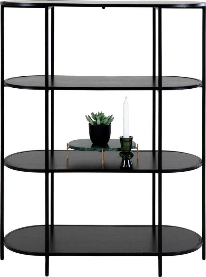 House Nordic Vita Oval Vakkenkast Metaal Frame Zwart Zwarte houtlook Planken 85x36x111 cm