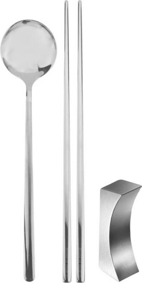 House of Husk 1 Persoons Chopstick Set 1 Paar Metalen Koreaanse Eetstokjes Inclusief Eetlepel en Houder RVS Metaal Vaatwasserbestendig Sushi Chopsticks Zilver