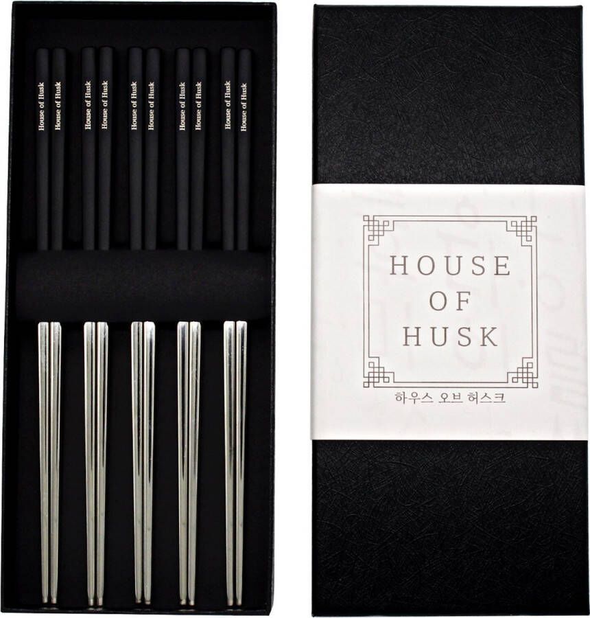 House of Husk Chopsticks Set Koreaanse Eetstokjes Vaatwasserbestendig RVS 5 Paar Duo Tone Zwart Zilver