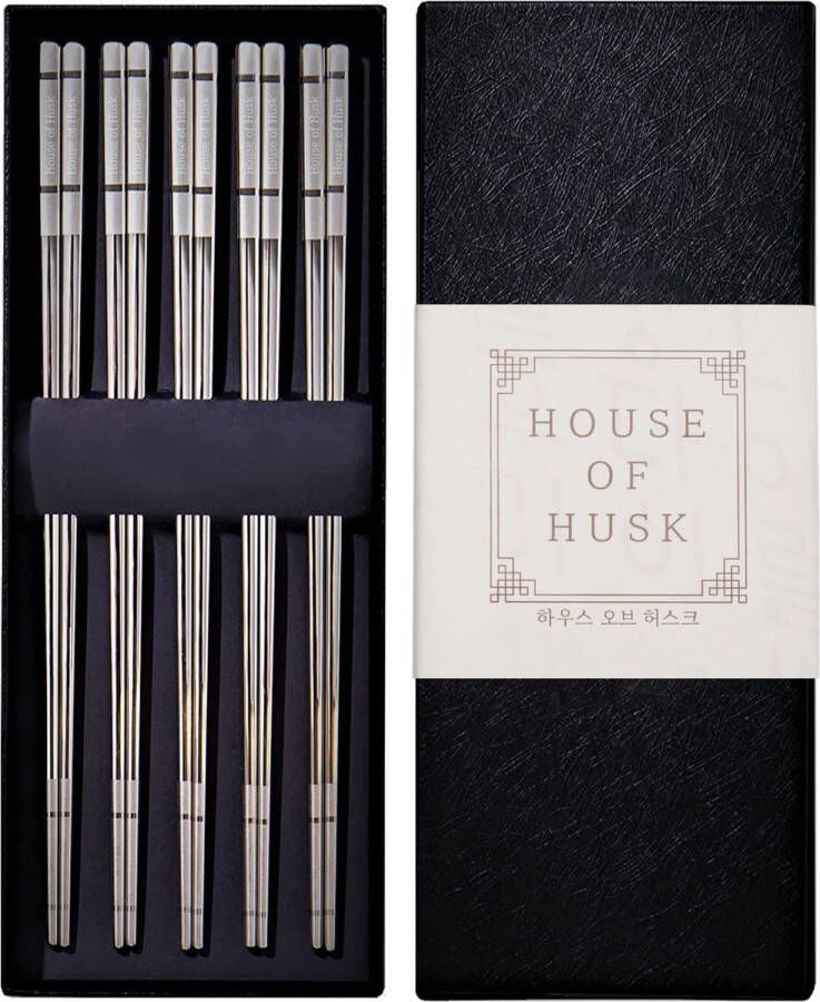 House of Husk Chopsticks Set Koreaanse Eetstokjes Vaatwasserbestendig RVS 5 Paar Lux Zilver