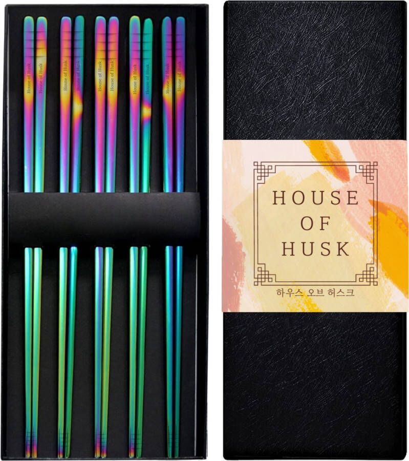 House of Husk Chopsticks Set Koreaanse Eetstokjes Vaatwasserbestendig RVS 5 Paar Rainbow