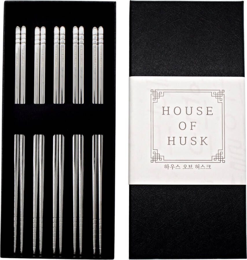 House of Husk Chopsticks Set Koreaanse Eetstokjes Vaatwasserbestendig RVS 5 Paar Zilver