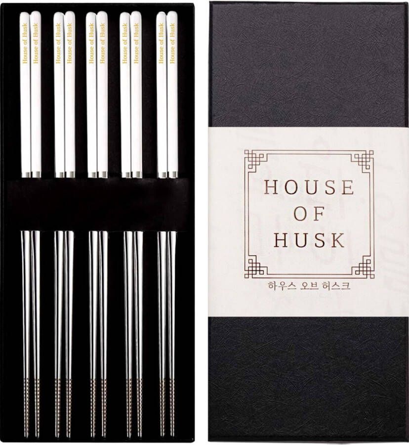 House of Husk Duo Chopsticks Set Koreaanse Eetstokjes Vaatwasserbestendig RVS 5 Paar Wit Zilver