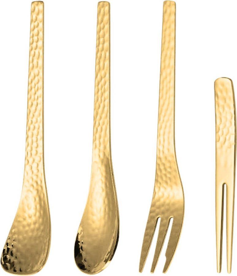 House of Husk Gebaksvork Dessertlepel Set Dessertvork Taartvorkjes Cocktailvorken IJslepel RVS Goud Set van 4