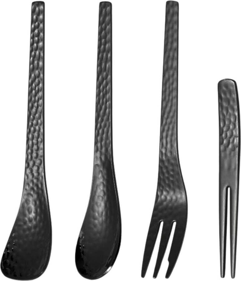 House of Husk Gebaksvork Dessertlepel Set Dessertvork Taartvorkjes Cocktailvorken IJslepel RVS Zwart Set van 4