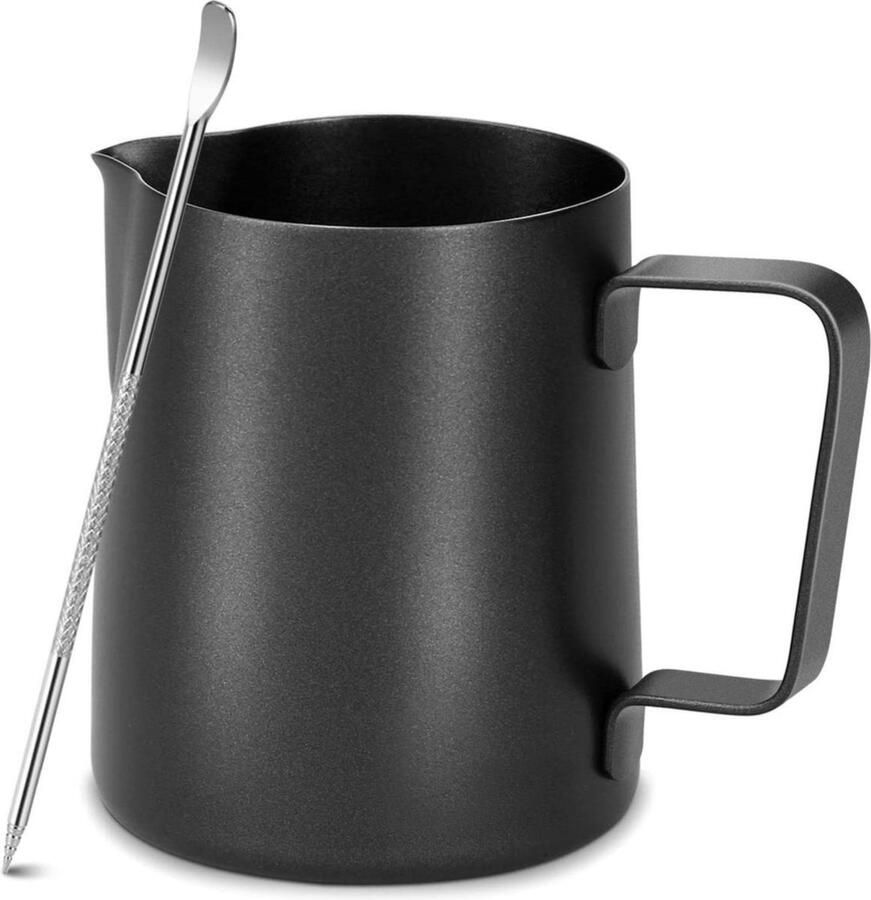 House of Husk Melkkan met Art Pen 350ml Melkopschuimkan Zwart Melkkannetje Milk Pitcher RVS Barista Melkkan Inclusief Latte Art Pen
