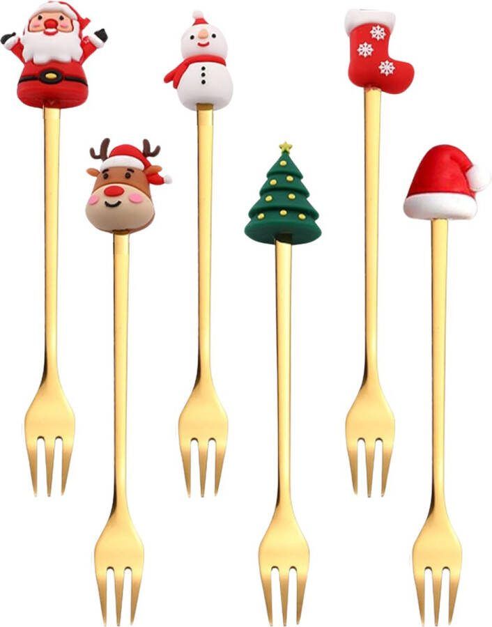 House of Husk Kerst Gebaksvorkjes Dessertvorken Taartvorkjes Cocktailvorken 6 Stuks RVS Goud