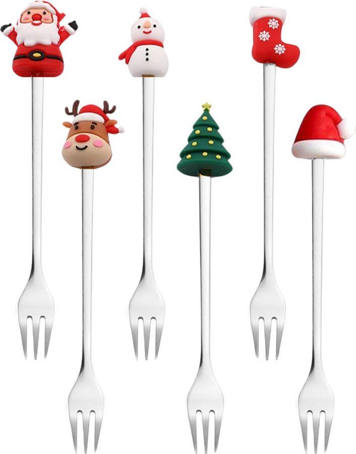House of Husk Kerst Gebaksvorkjes Dessertvorken Taartvorkjes Cocktailvorken 6 Stuks RVS Zilver