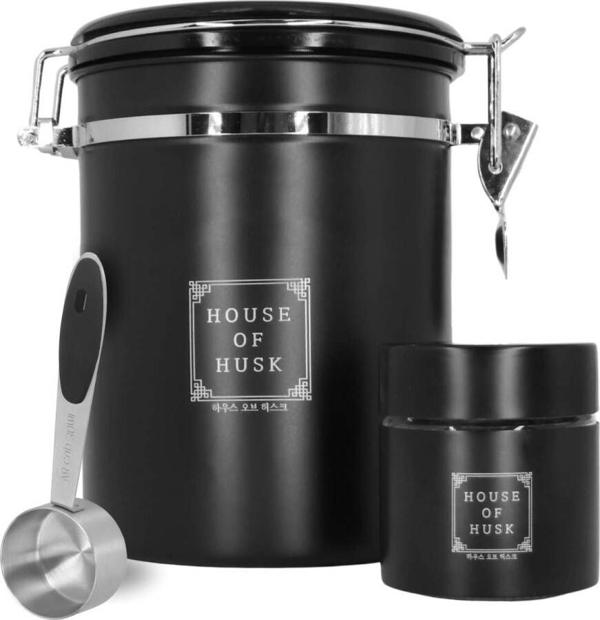 House of Husk Koffieblik met CO² Ventilatie 1.8 Liter Bewaarblik Voorraadbussen Voorraadblik RVS Zwart Inclusief Glazen Bewaarpot en Maatlepel