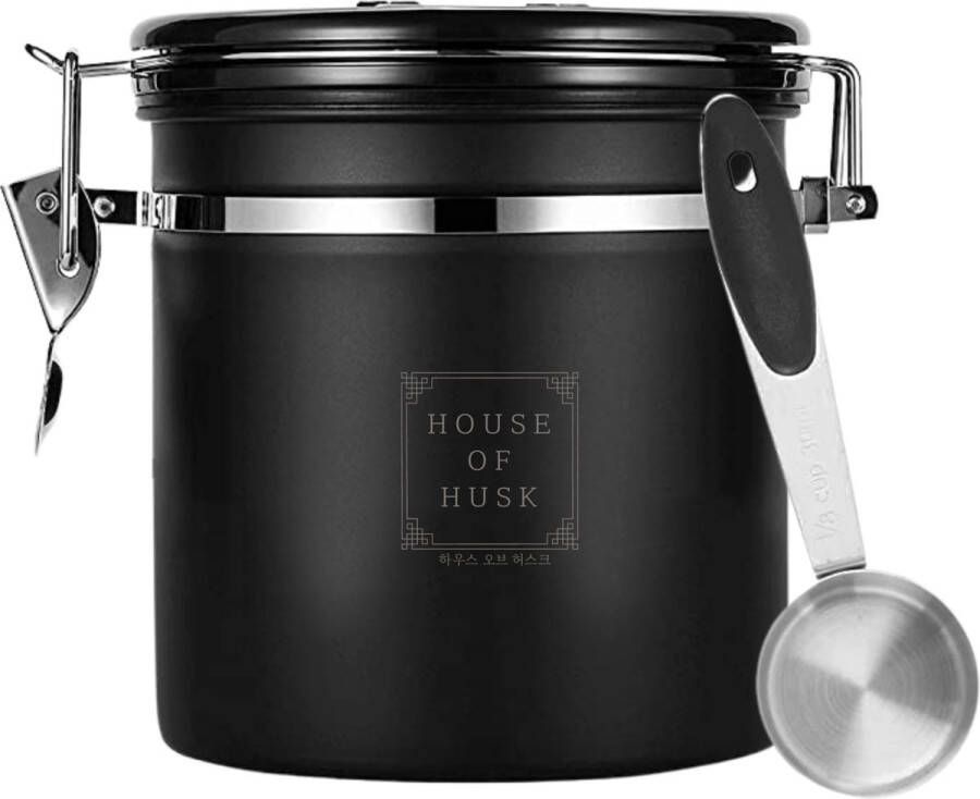 House of Husk Koffieblik met CO² Ventilatie Bewaarblik Voorraadbussen Voorraadblik RVS Zwart 1 Liter