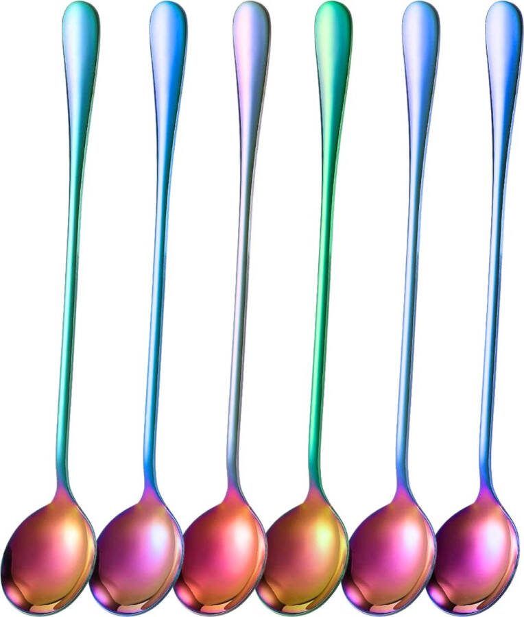House of Husk Latte Macchiato Lepels Set Lange Theelepels Koffielepels Longdrinklepels Sorbetlepels Barlepel RVS 6 Stuks 19CM Rainbow