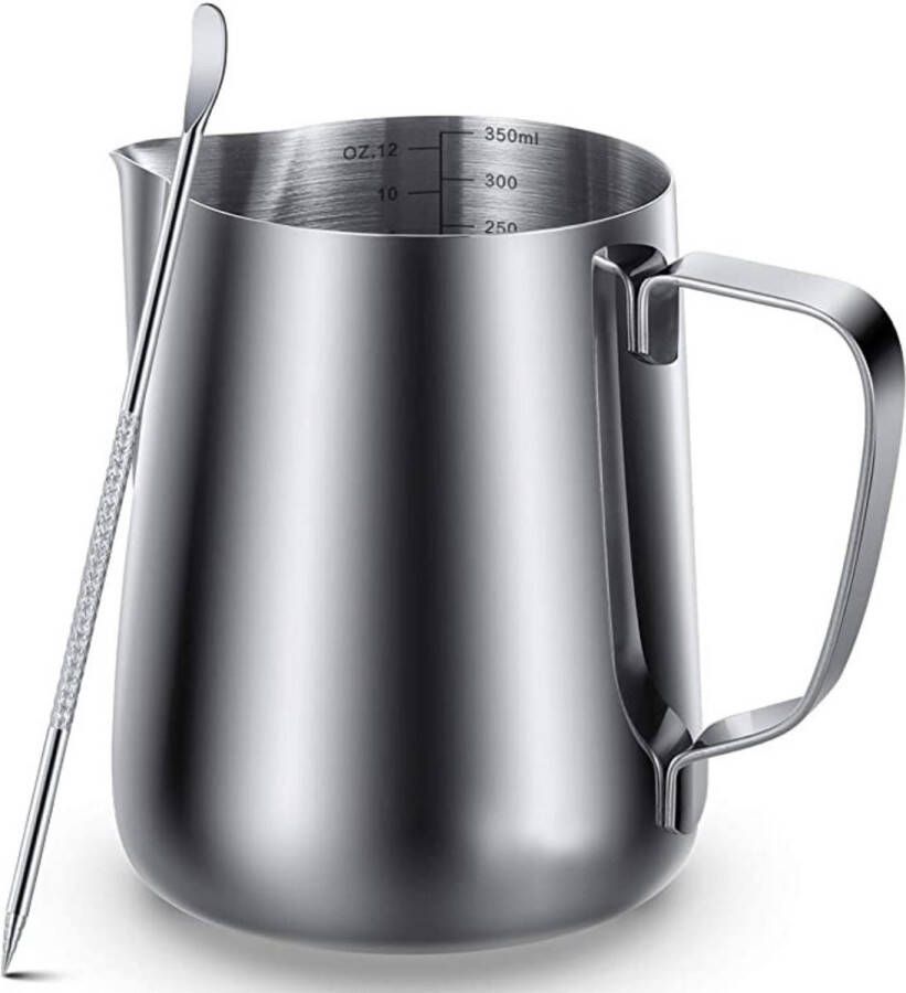 House of Husk Melkkan met Art Pen 350ml Melkopschuimkan Zilver Melkkannetje Milk Pitcher RVS Barista Melkkan Inclusief Latte Art Pen