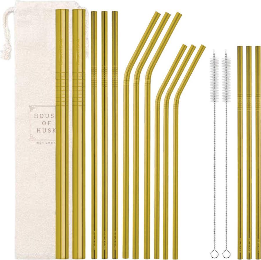 House of Husk Metalen Rietjes Goud RVS Herbruikbare Rietjes Boba Smoothie Smal en Breed 16 delig Inclusief Reinigingsborstels en Opbergtas