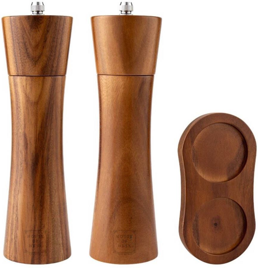 House of Husk Pepermolen en Zoutmolen Set Peper en Zoutstel Kruidenmolen Premium Acacia Hout 21CM