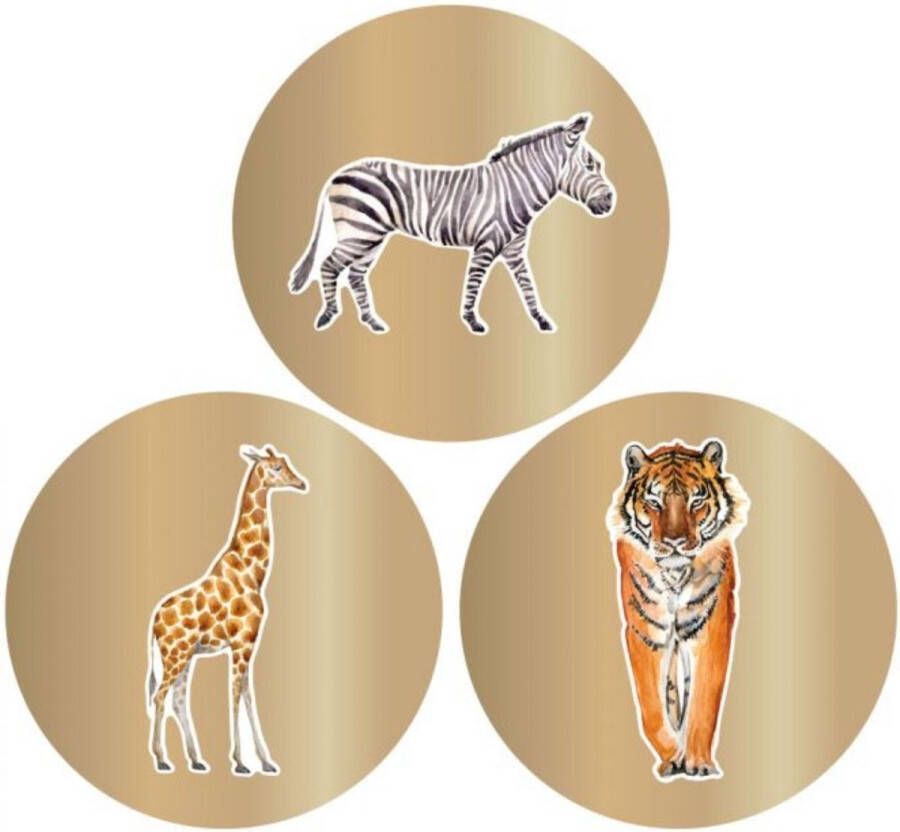 House of Products Luxe Cadeausticker Jungle Goud 24 stuks Sluitstickers Traktatiesticker Wensetiket 5 cm Tijger Giraffe Zebra Sticker voor traktatie House Of s