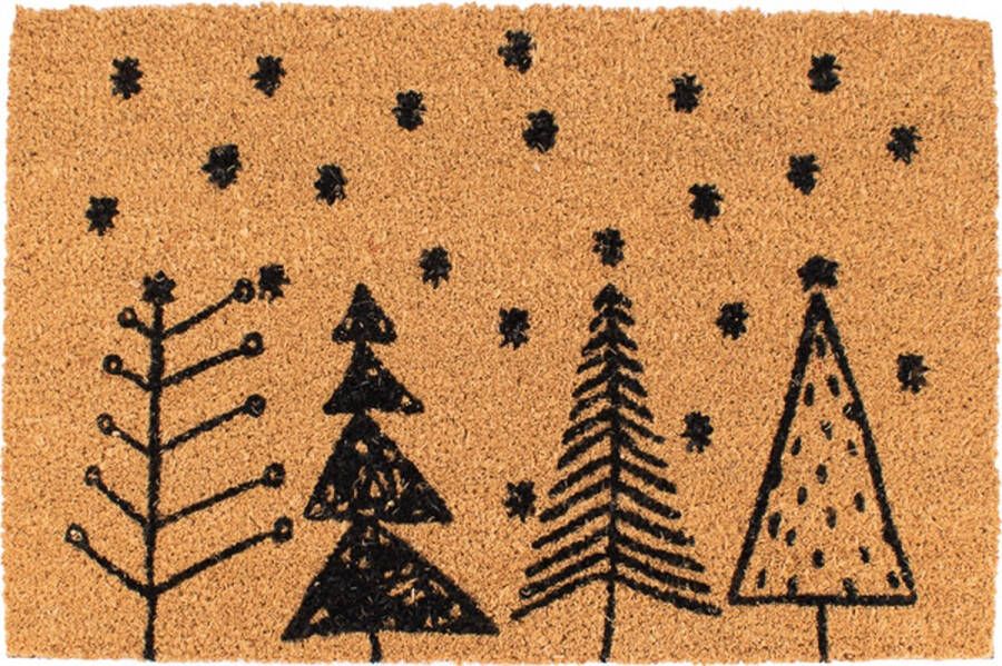 House of Seasons Schoonloopmat Deurmat Kerst mat 60cm x 40cm x 1.5cm (LxBxH) Bruin met Kerstbomen en Sterren