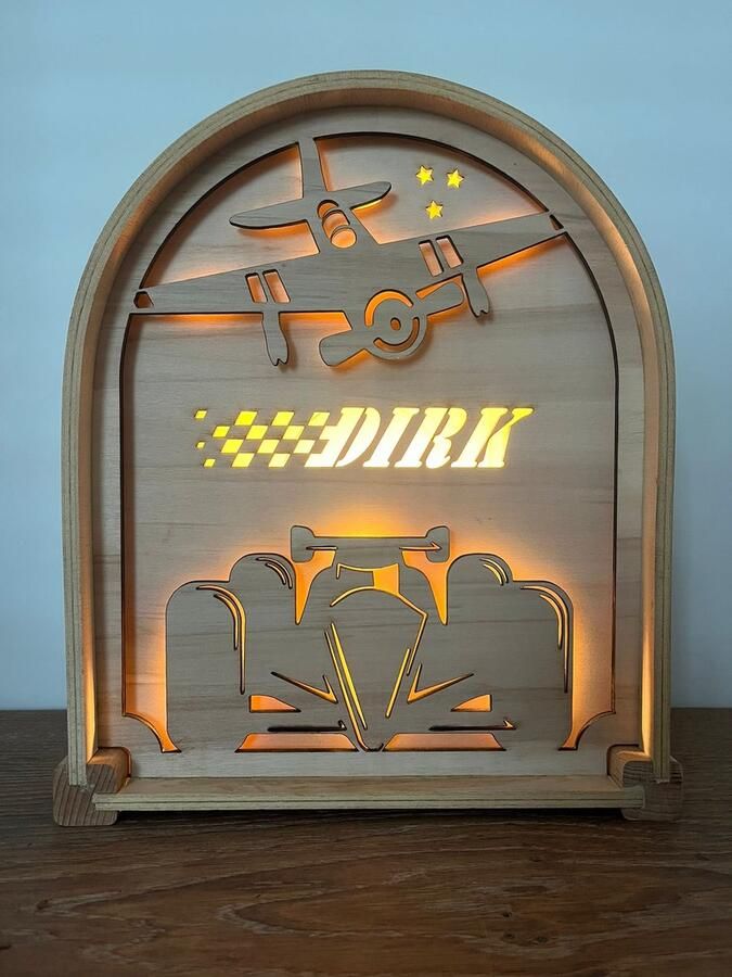 Houtenletter.com Houten nachtlampje De race auto met naam