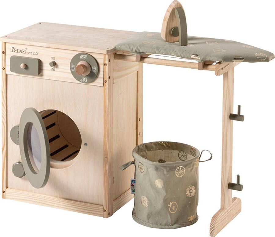 Howa Houten Kinderwasmachine Met waslijn strijkplank wasmand en strijk ijzer 48142 52 cm hoog Speelgoedwasmachine