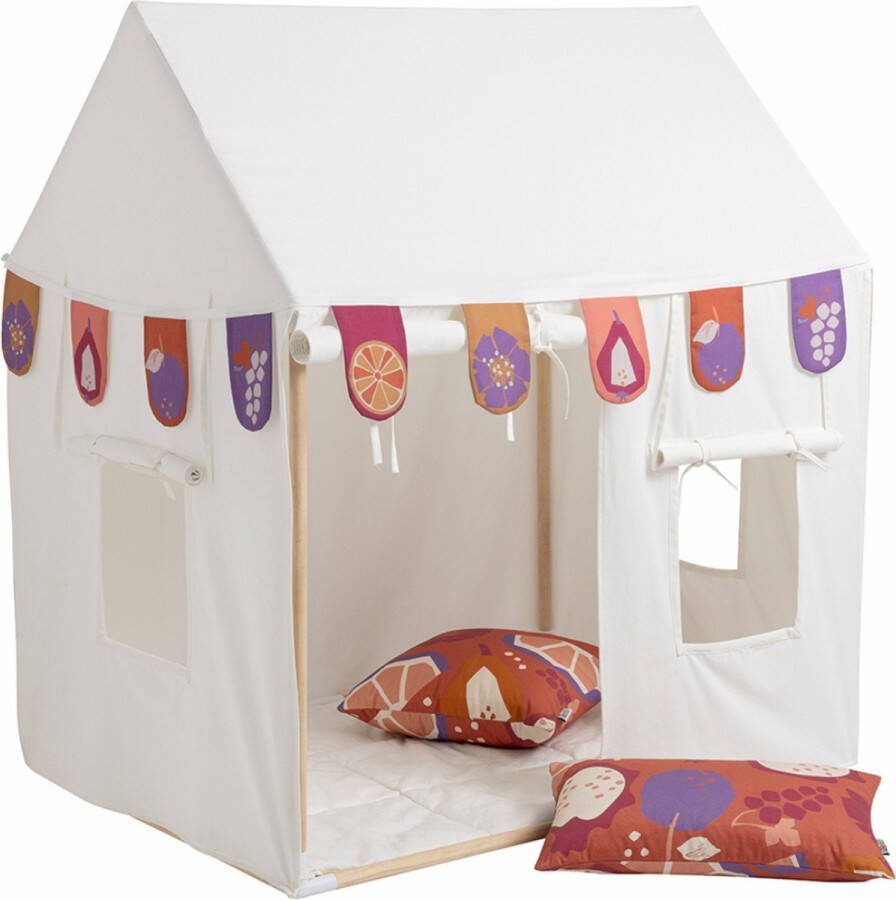 Howa Kindertent indoor Speelhuis Katoen Speeltent met Slinger 2 Kussenhoezen Vloermat L110cmx B80cm x H125cm 3 ramen en zijpanelen die open kunnen 85152